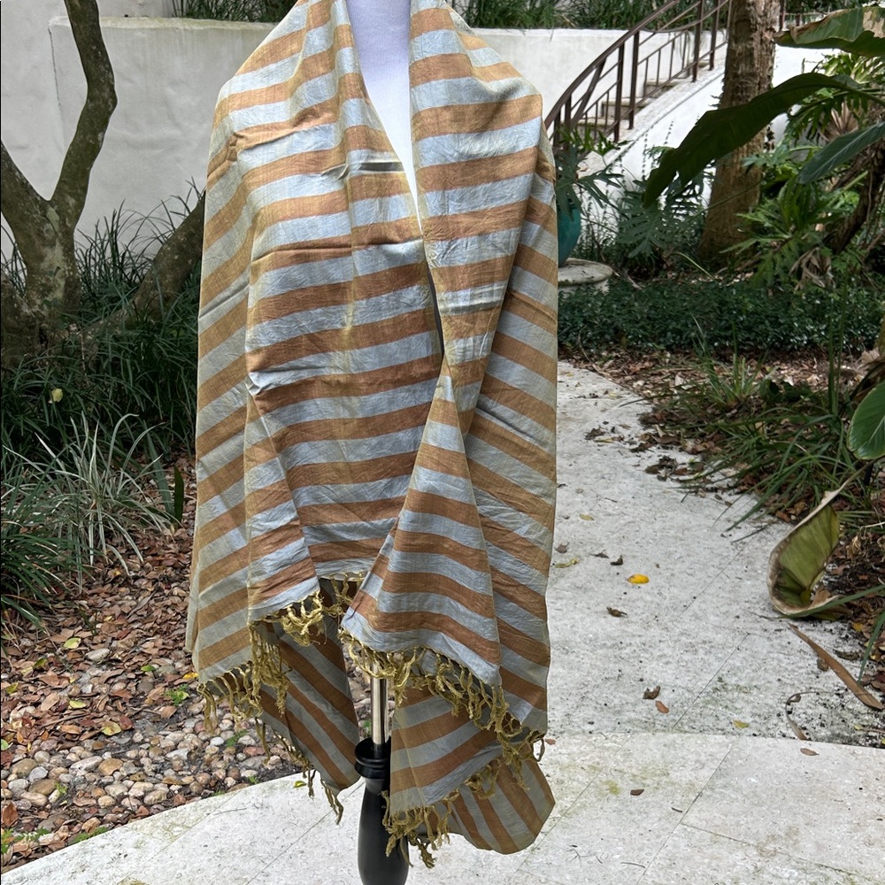 Striped Metallic Gold & Silver Fringe Shawl